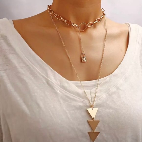 Jewelry - NEW Gold Necklace Triple Triangle & Choker